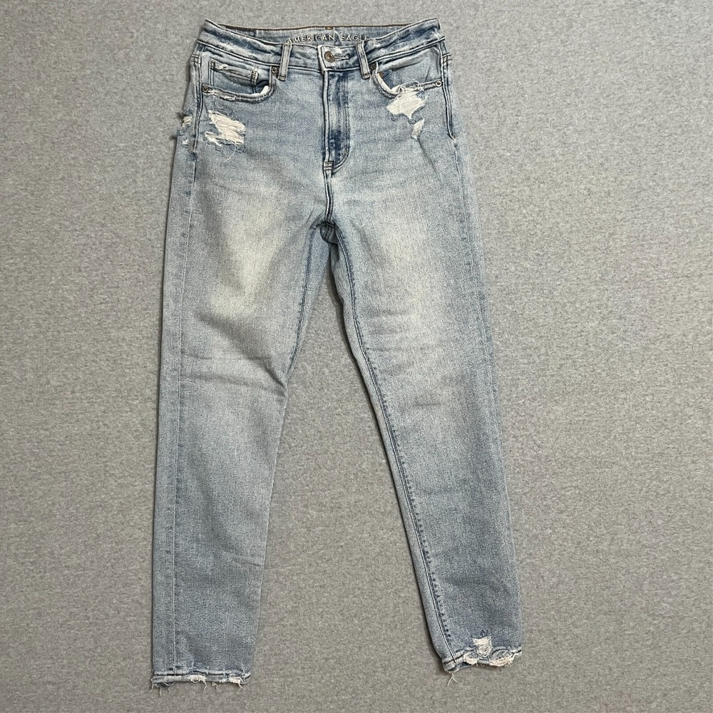 American Eagle Jeans Womens 2 Blue Mom Stretch Distressed Ripped Faded Denim